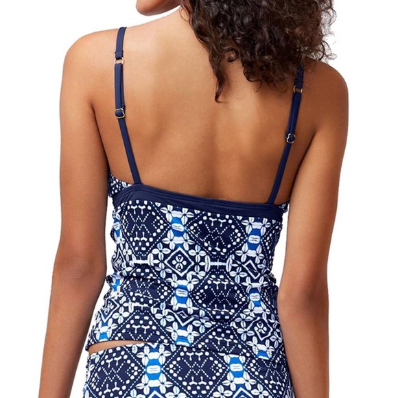 Tommy Bahama Indigo Cowrie Diamonds Over The Shoulder Shirred Tankini Top - Picture 2 of 9